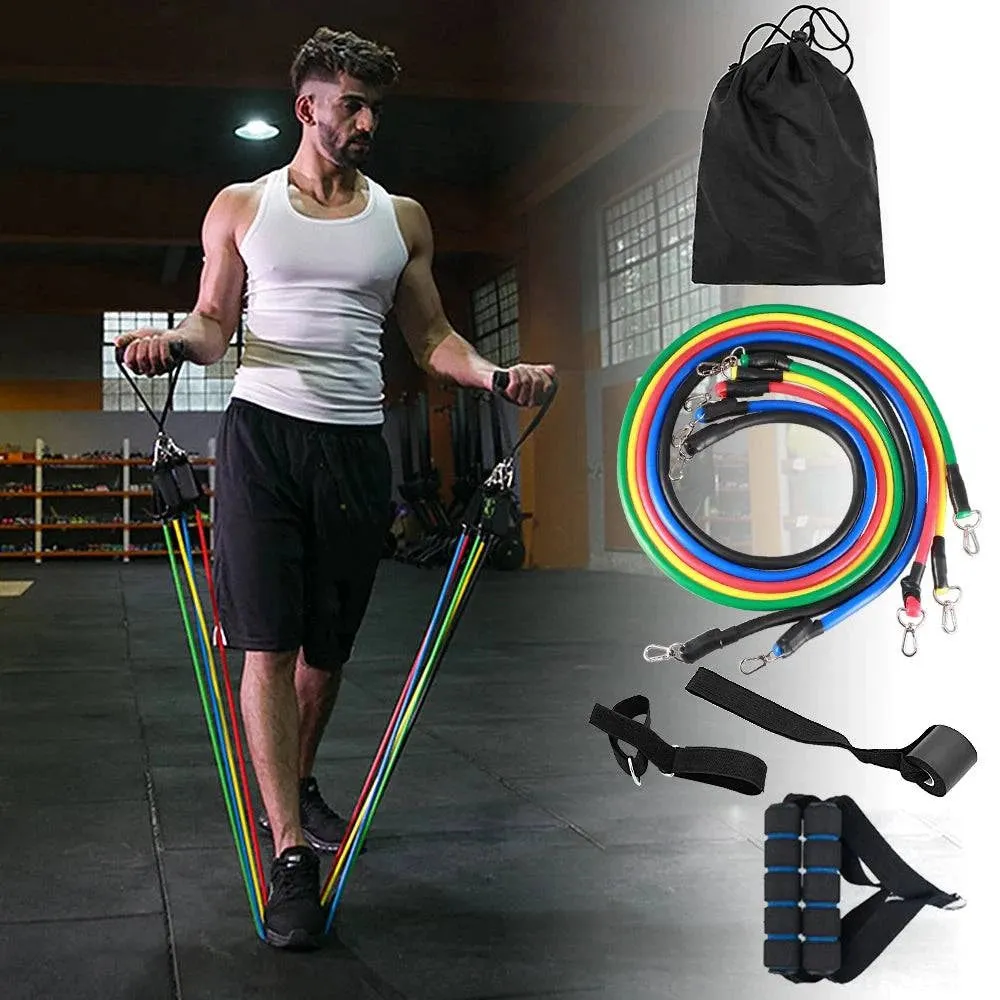 11pcs Fitness Resistance Bands Set Workout Exercise Tube Bands with Door Anchor Ankle Straps Cushioned for Home Gym Travel