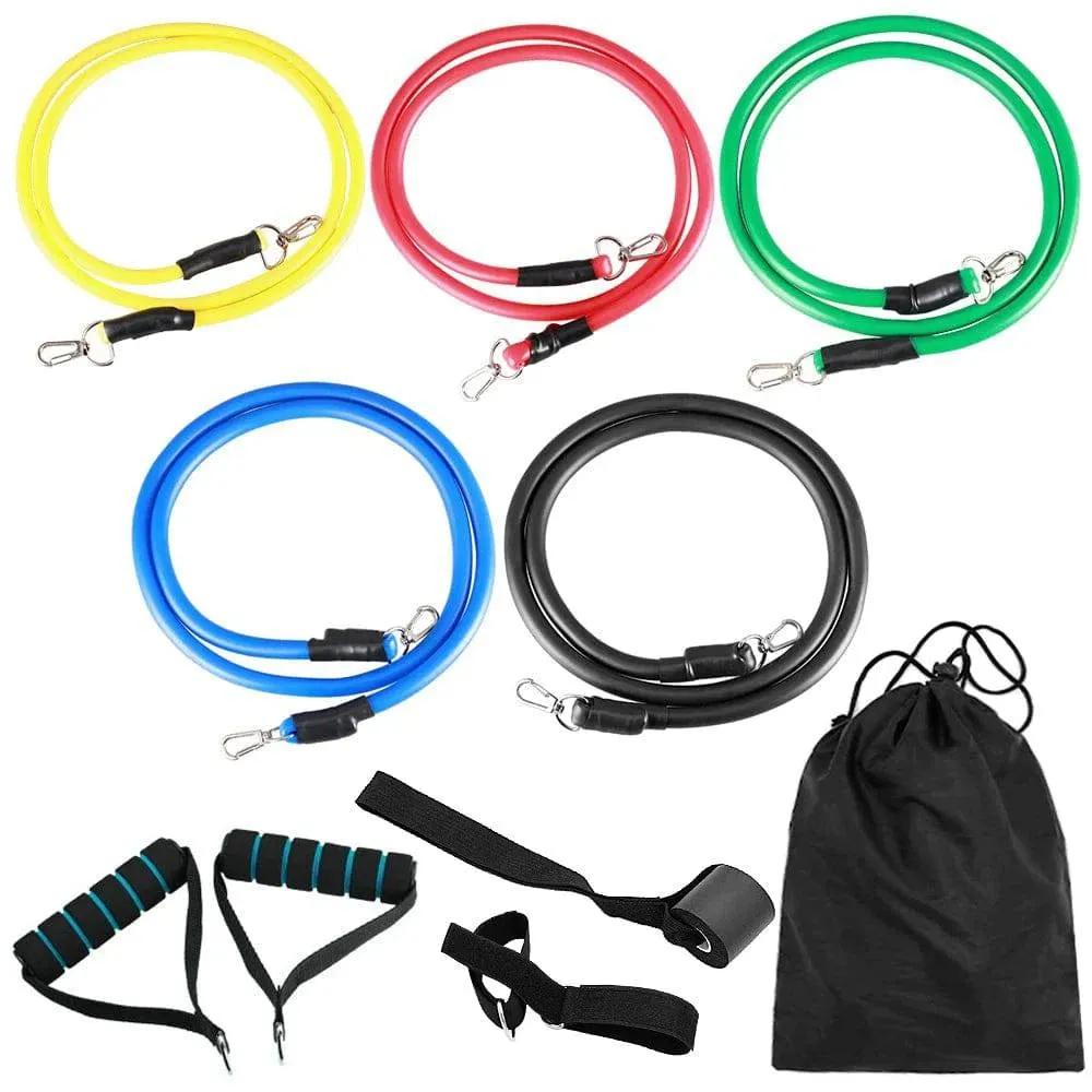 11pcs Fitness Resistance Bands Set Workout Exercise Tube Bands with Door Anchor Ankle Straps Cushioned for Home Gym Travel