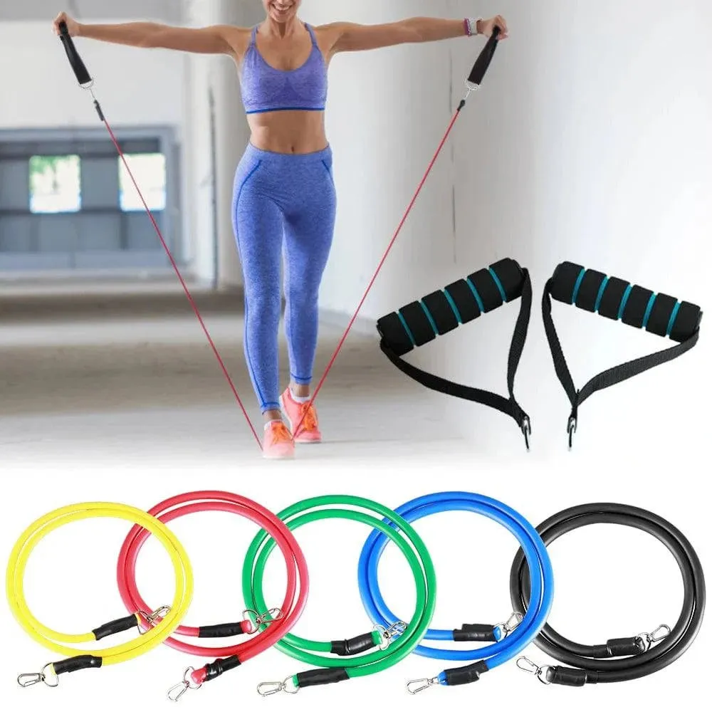 11pcs Fitness Resistance Bands Set Workout Exercise Tube Bands with Door Anchor Ankle Straps Cushioned for Home Gym Travel