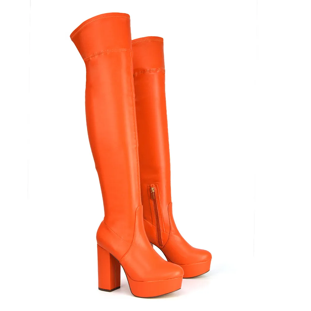 Beverly Block High Heel Over the Knee Thigh High Statement Platform Boots in Orange Synthetic Leather