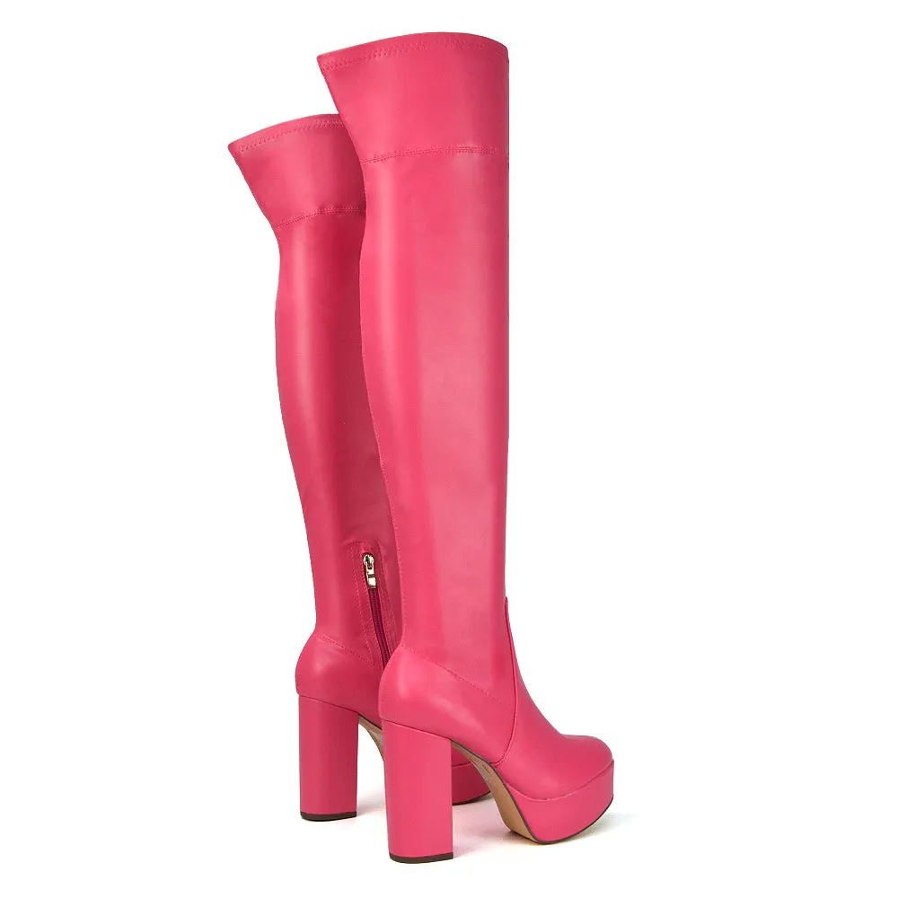 Beverly Block High Heel Over the Knee Thigh High Statement Platform Boots in Orange Synthetic Leather