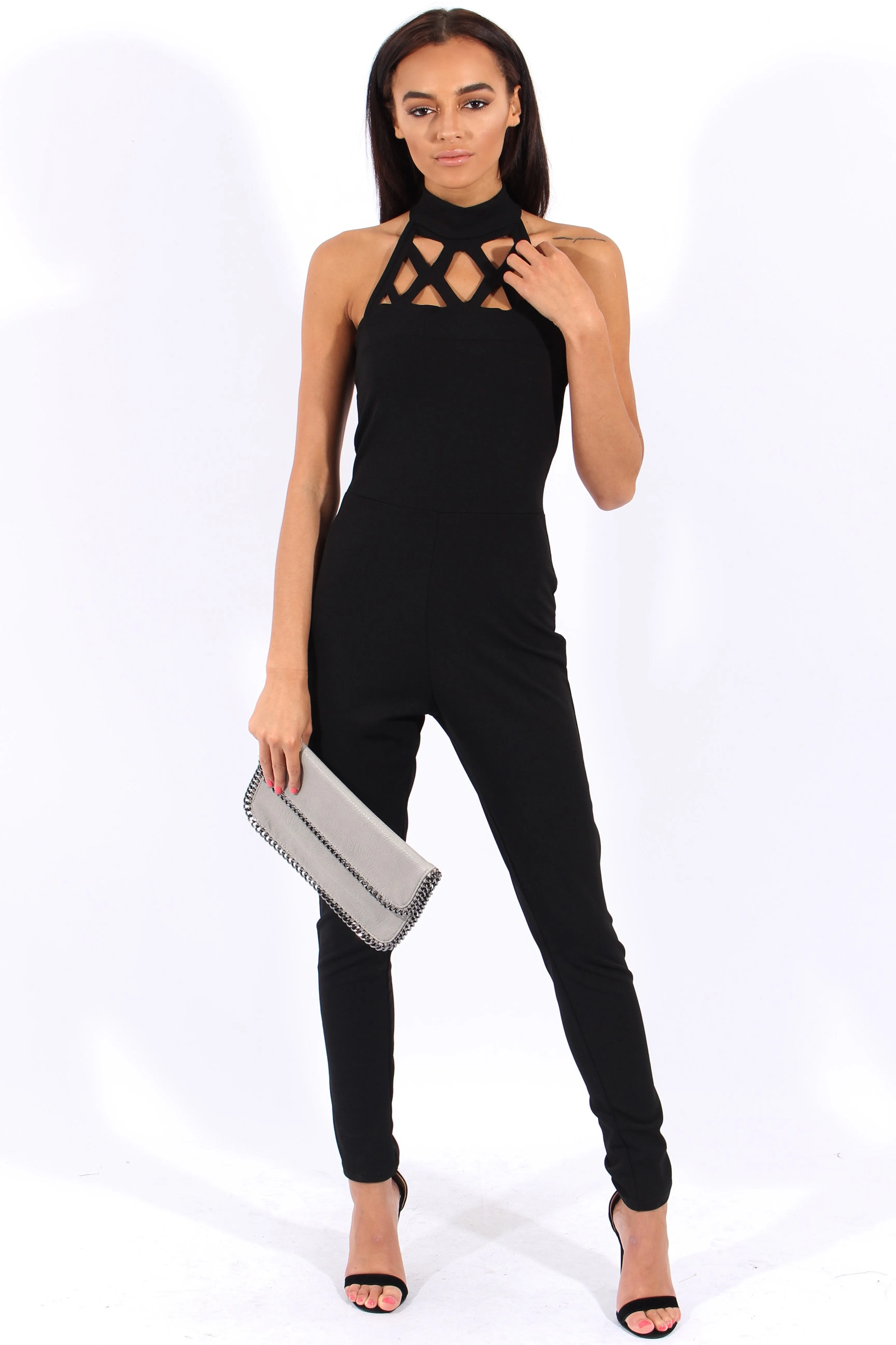 Black Halterneck Cage Detail Jumpsuit - Mandy