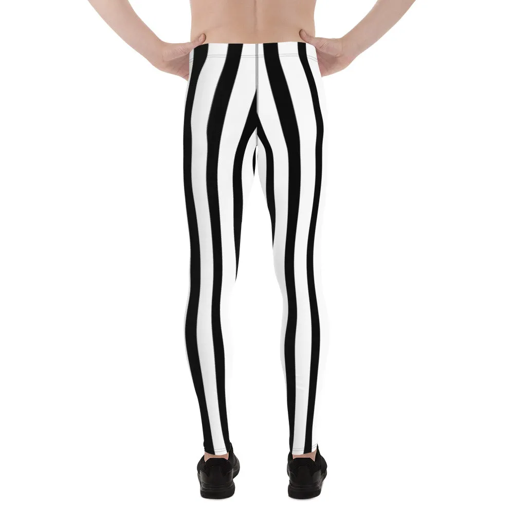 Black White Vertical Striped Meggings, Men's Running Leggings Tights -Made in USA/EU