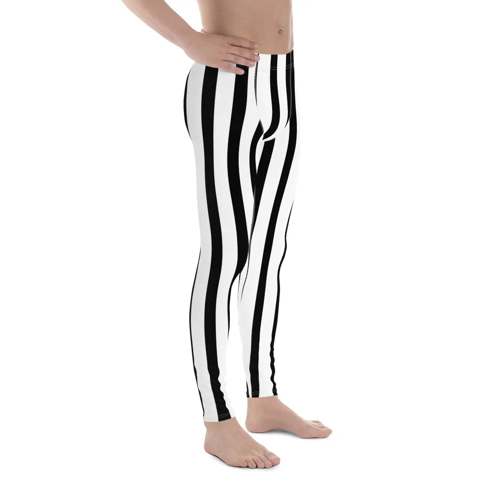 Black White Vertical Striped Meggings, Men's Running Leggings Tights -Made in USA/EU