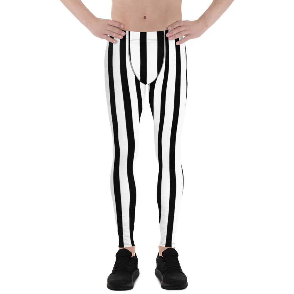 Black White Vertical Striped Meggings, Men's Running Leggings Tights -Made in USA/EU