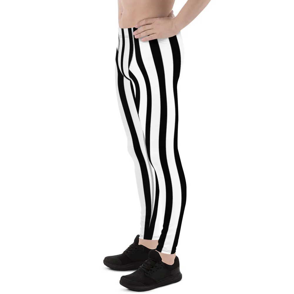 Black White Vertical Striped Meggings, Men's Running Leggings Tights -Made in USA/EU