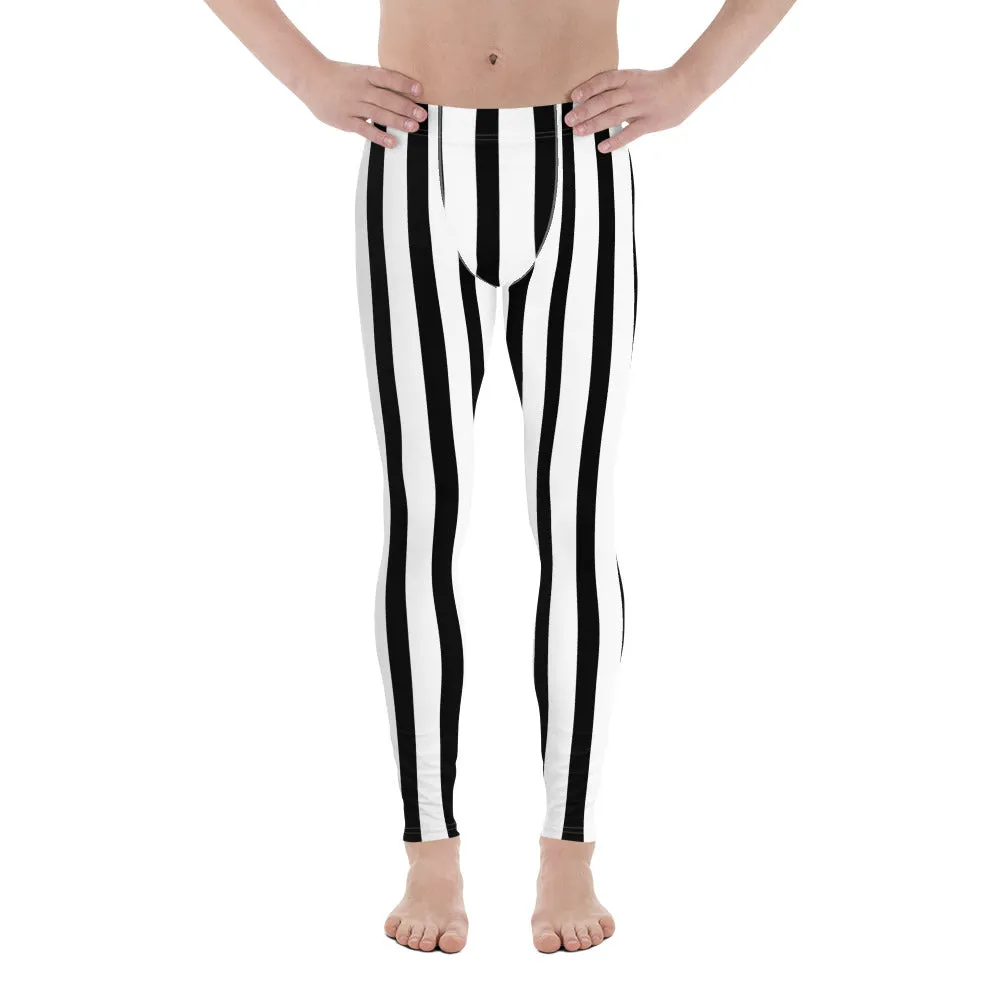 Black White Vertical Striped Meggings, Men's Running Leggings Tights -Made in USA/EU