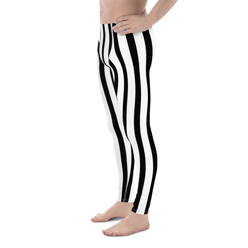 Black White Vertical Striped Meggings, Men's Running Leggings Tights -Made in USA/EU