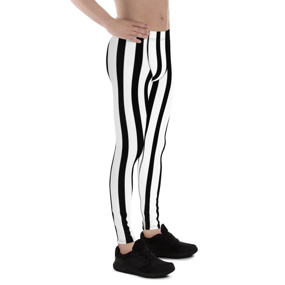 Black White Vertical Striped Meggings, Men's Running Leggings Tights -Made in USA/EU