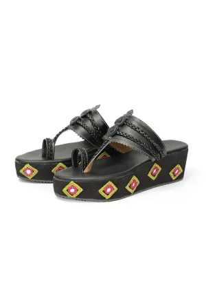 Black Yellow Kutch Work Cruelty Free Leather Wedges