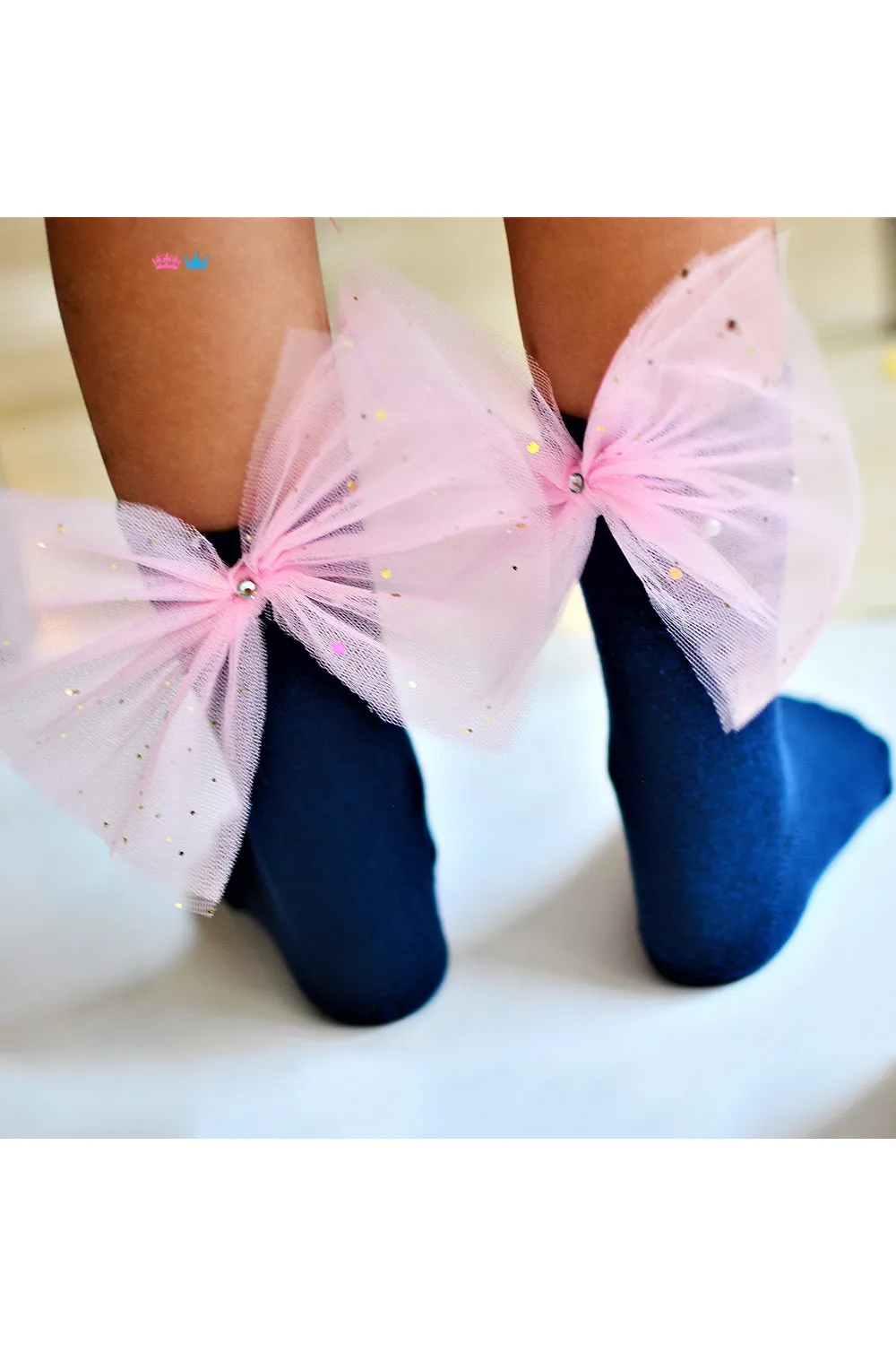 Blue embellished pink bow socks