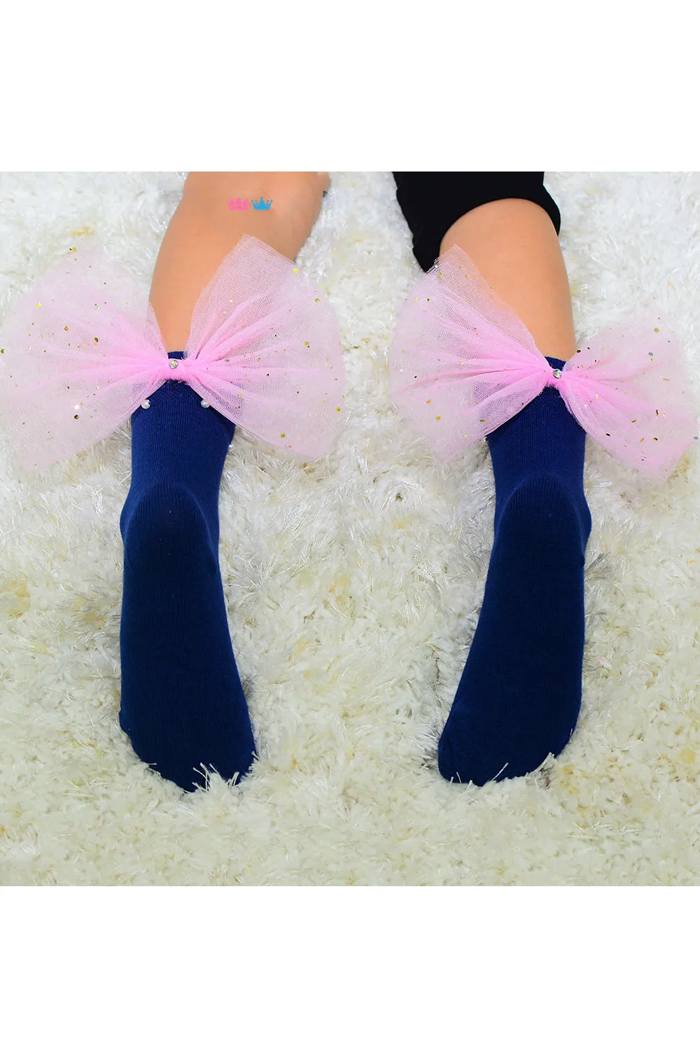 Blue embellished pink bow socks