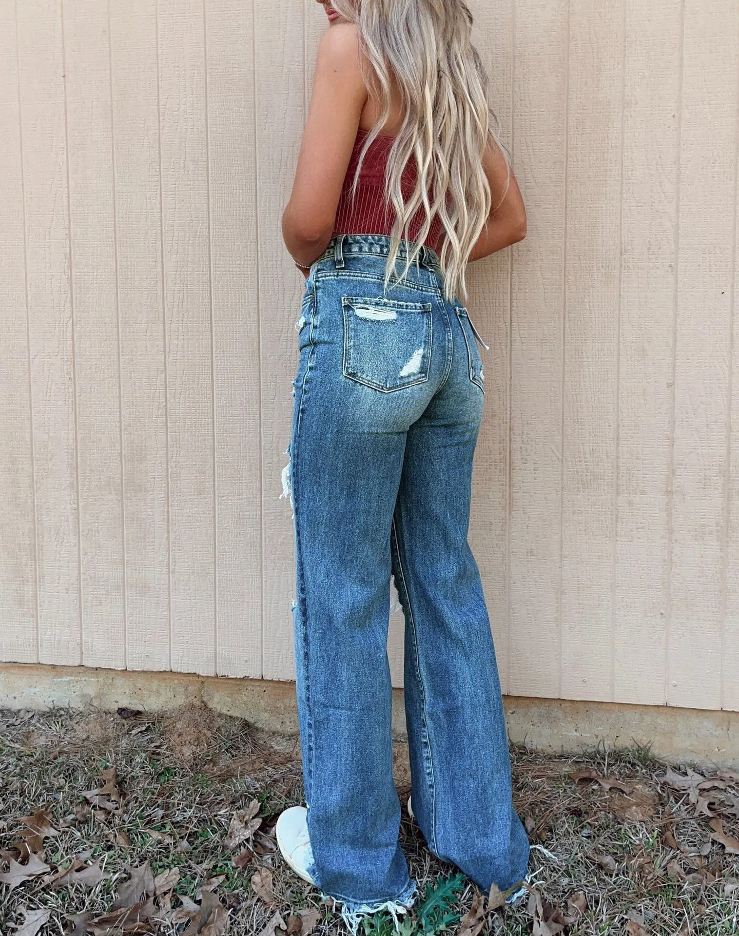 Blue High Waist Distressed Bell Jeans