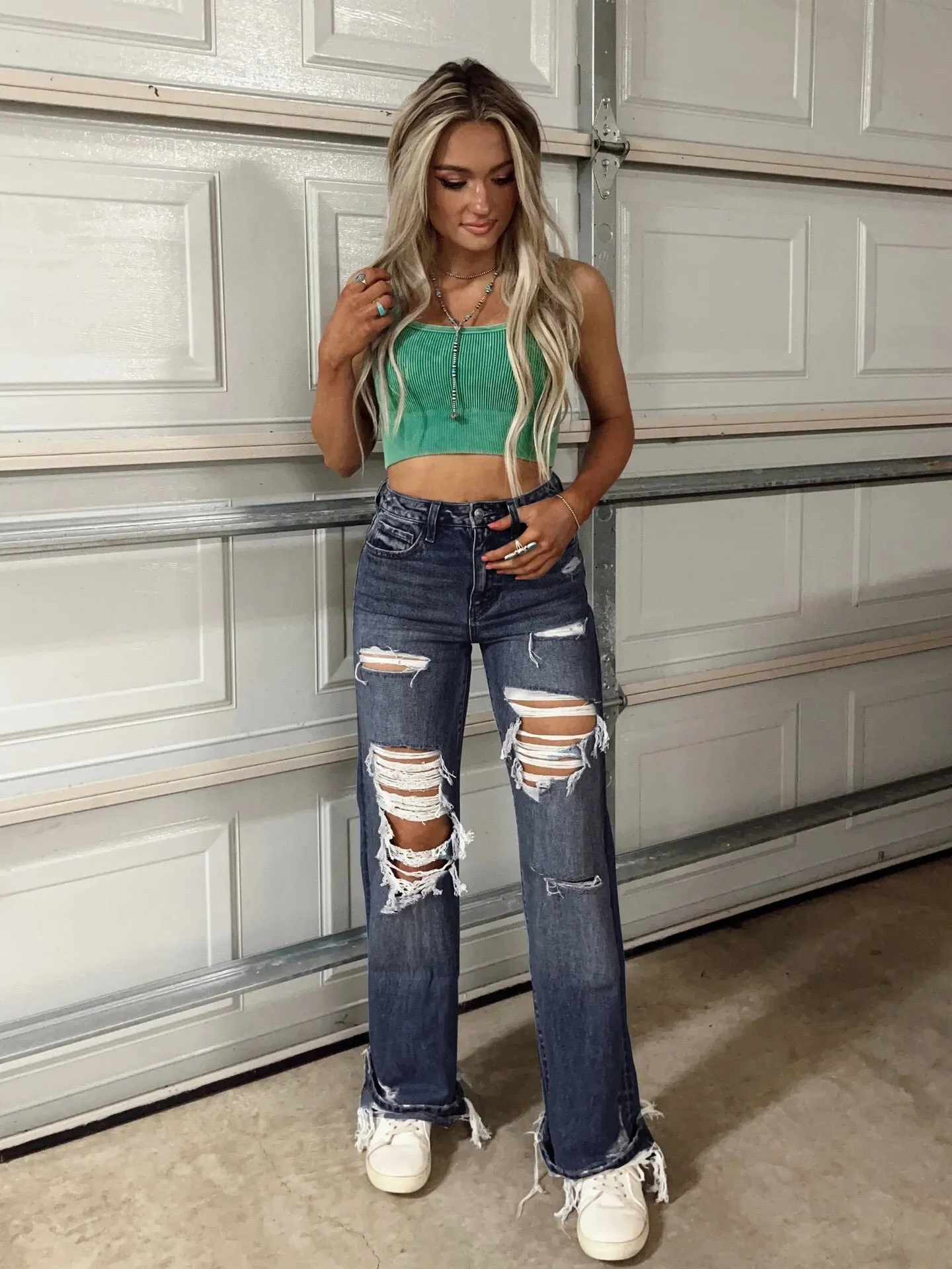 Blue High Waist Distressed Bell Jeans