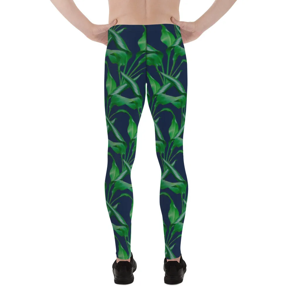 Blue Tropical Leaf Men's Leggings, Tropical Leaves Print Designer Running Compression Tights For Men - Made in USA/EU/MX