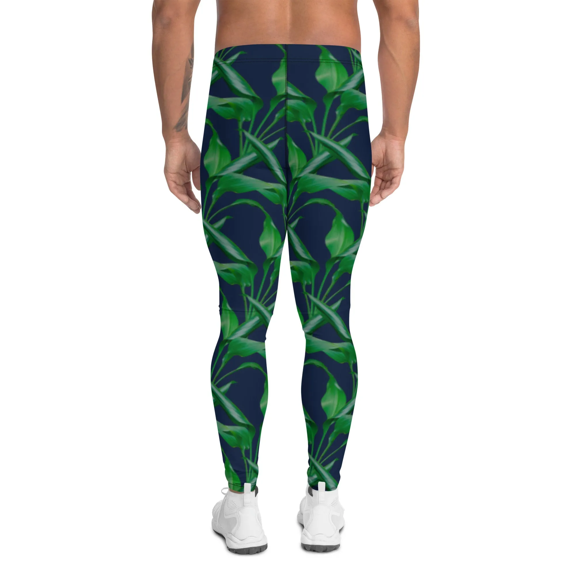 Blue Tropical Leaf Men's Leggings, Tropical Leaves Print Designer Running Compression Tights For Men - Made in USA/EU/MX