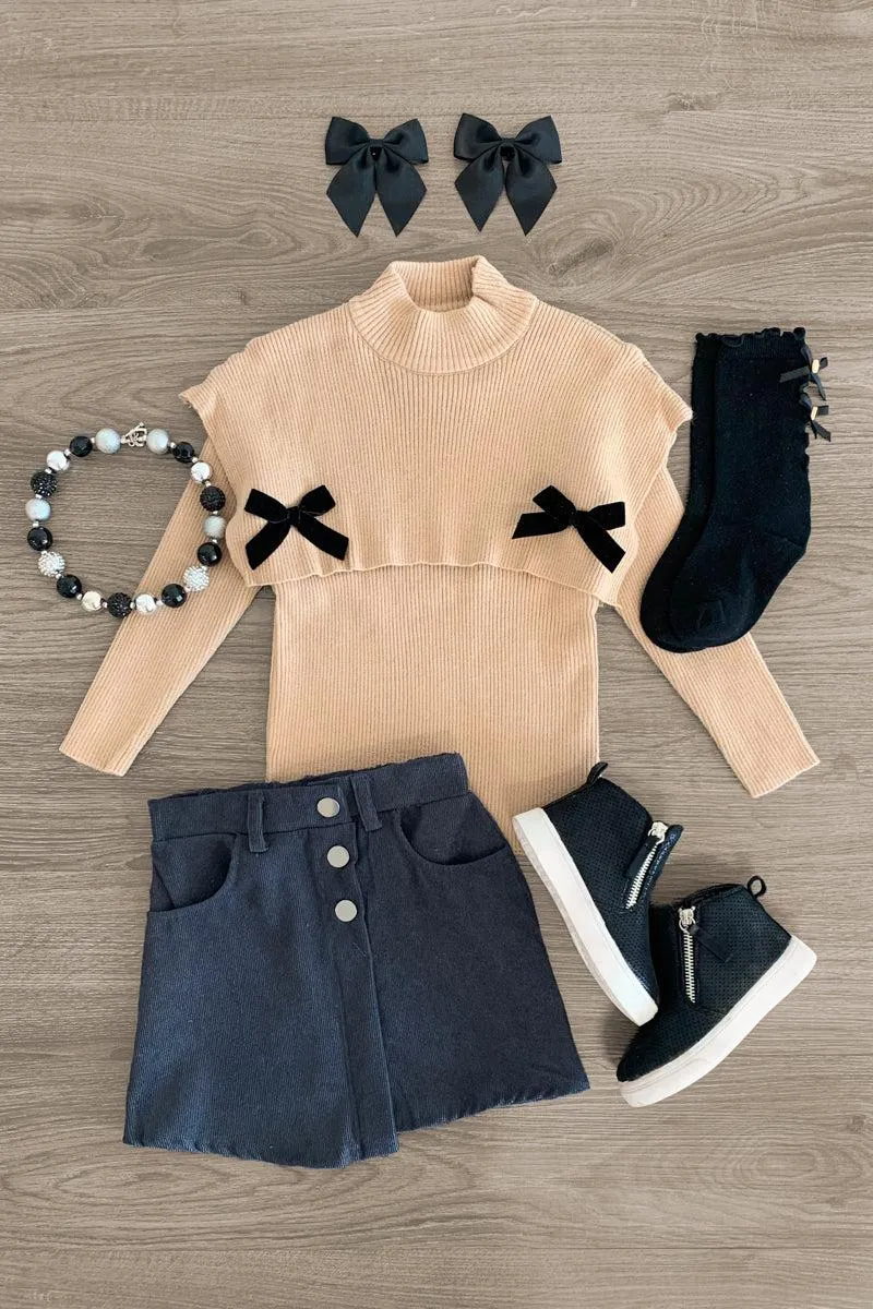 Bow Sweater Corduroy Skirt Set