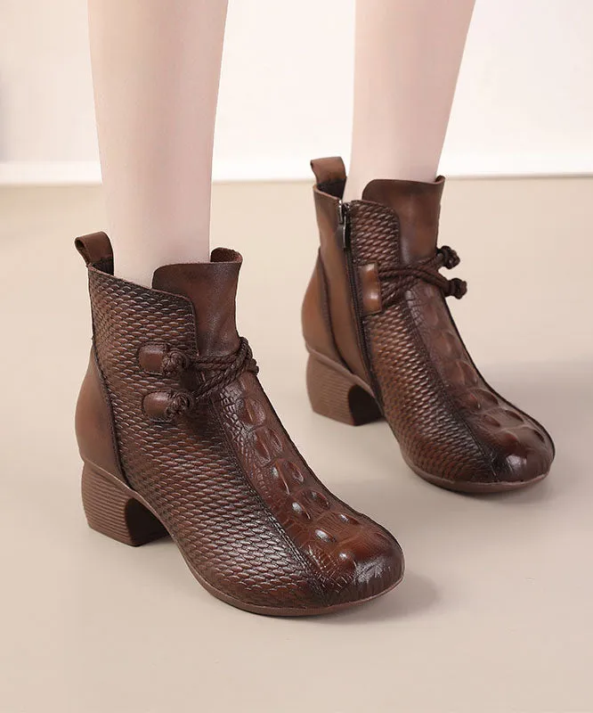 Brown Crocodile Pattern Boots Chunky Cowhide Leather Elegant Boots