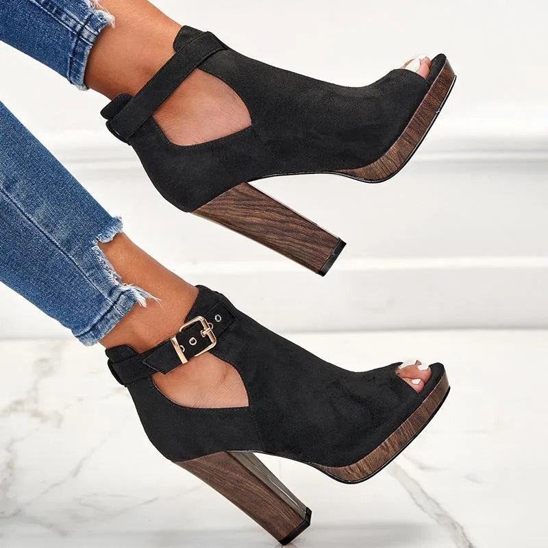 Buckle Design Peep Toe Thick Heeled Stretch Boots