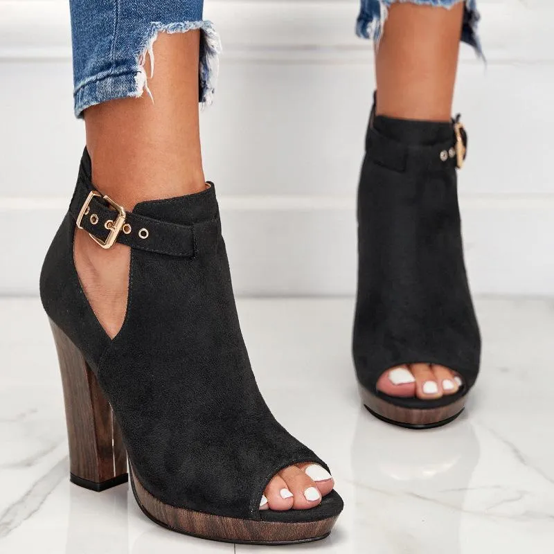 Buckle Design Peep Toe Thick Heeled Stretch Boots