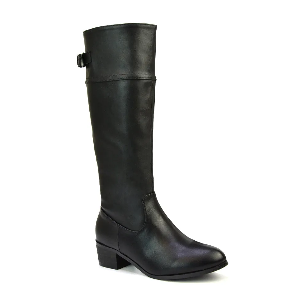 Caiden Knee High Low Block Heel Western Cowboy Boots in Black Synthetic Leather