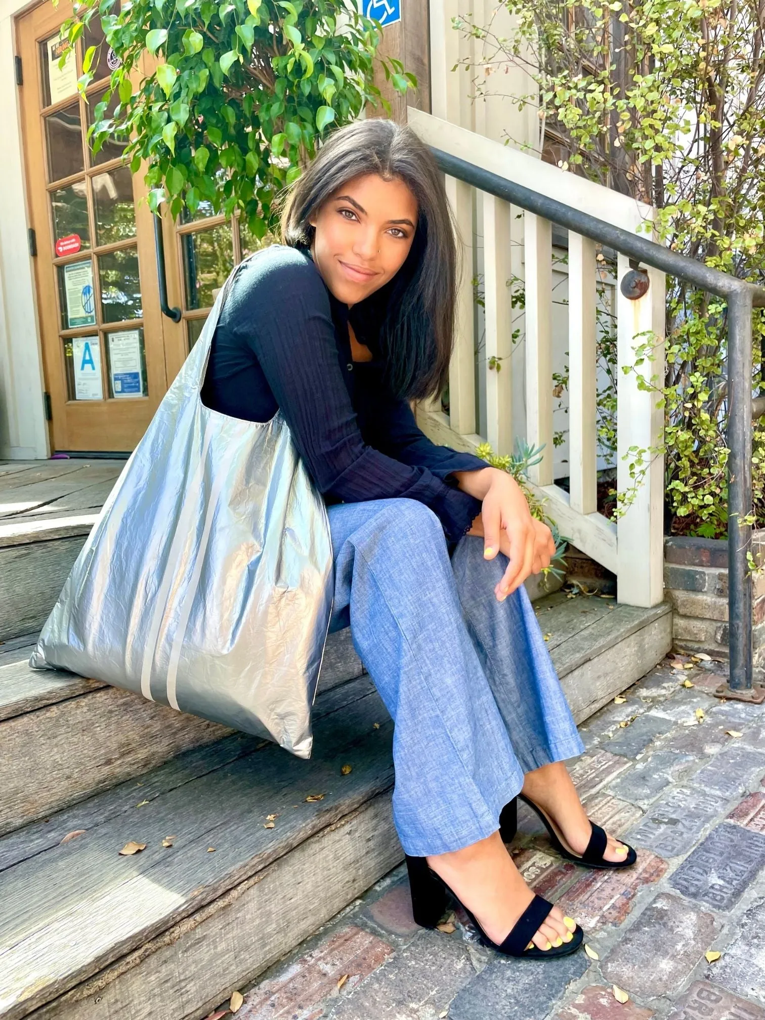 Carryall Tote Bag with Pocket in Silver with White Stripes