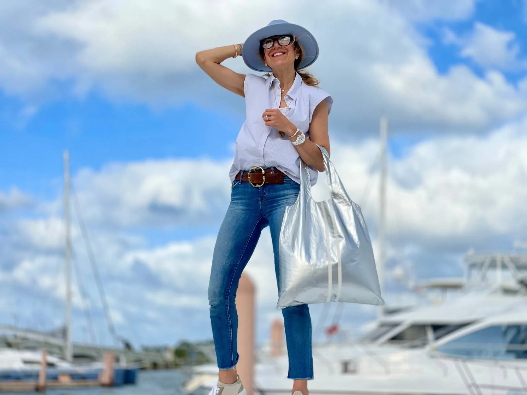 Carryall Tote Bag with Pocket in Silver with White Stripes