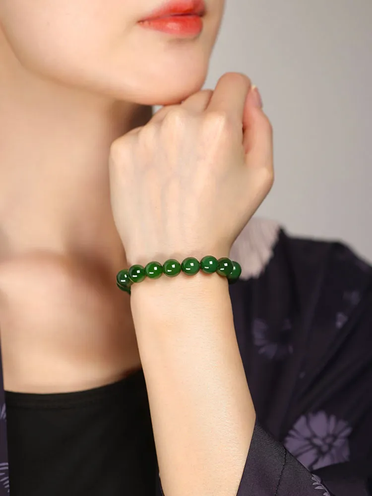 Chinese Classic Minimalist Design Xinjiang Hetian Jade Green Jade Beaded Bracelet