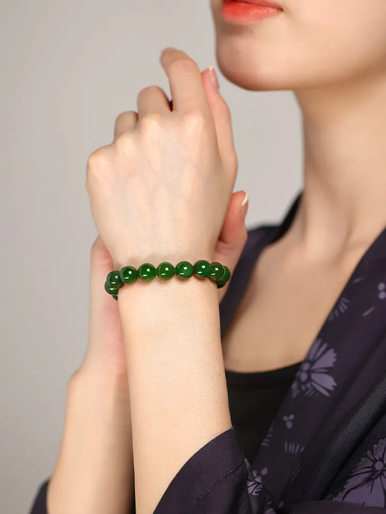 Chinese Classic Minimalist Design Xinjiang Hetian Jade Green Jade Beaded Bracelet