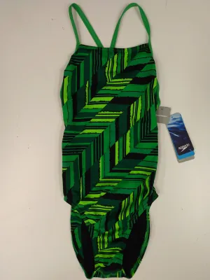 Chlorine Resistant SPEEDO One Piece Black/ Green Patterned  Size 26