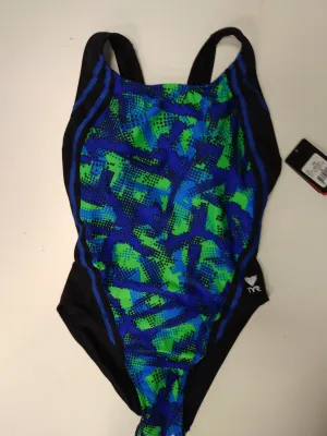 Chlorine Resistant TYR One Piece Green/ Blue Sectioned Colour Pattern Size 30