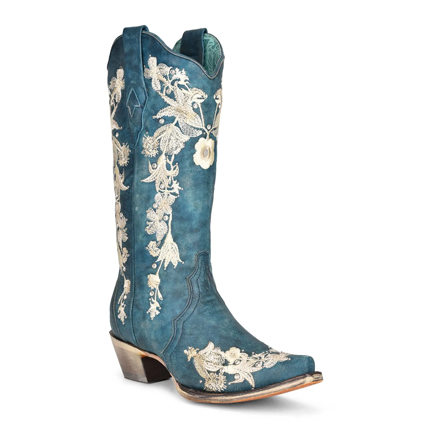 Corral Womens A4361 Navy Blue Leather 13in White Floral Cowboy Boots