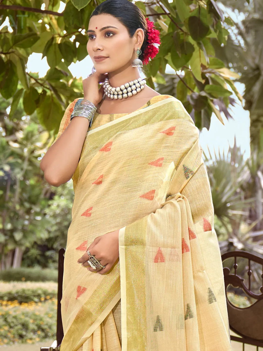 Cream Cotton Woven Work Party Wear Saree - Sangam Prints