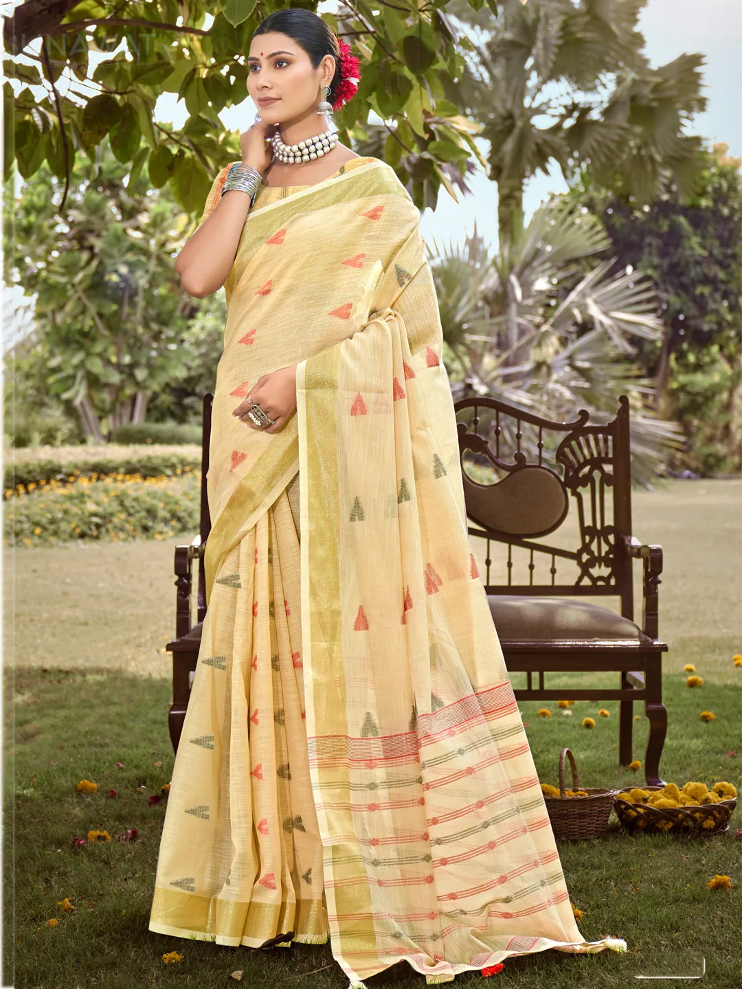 Cream Cotton Woven Work Party Wear Saree - Sangam Prints