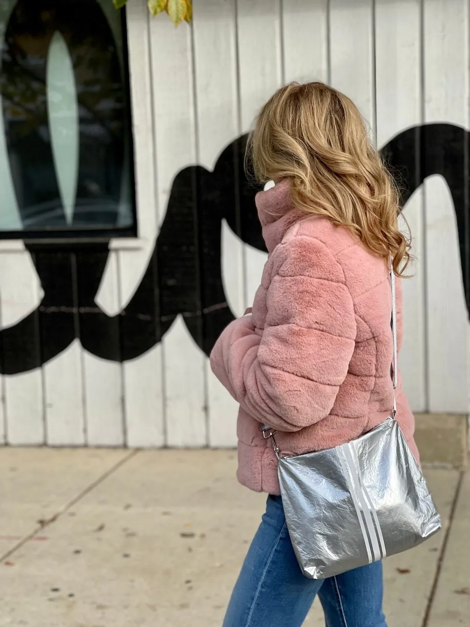 Crossbody Purse in Silver with White Stripes