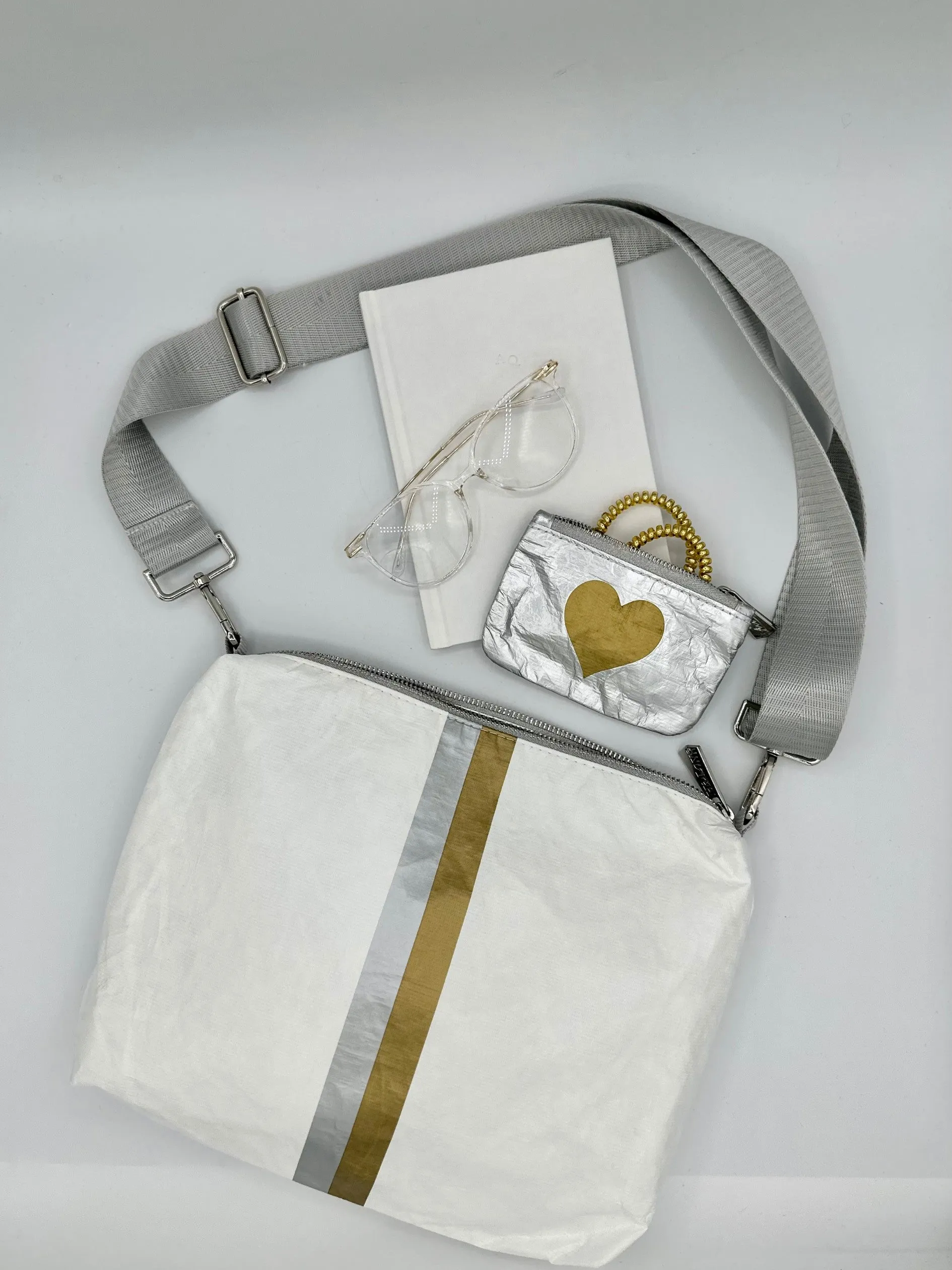 Crossbody Purse - Shimmer White with Gold & Silver Stripes