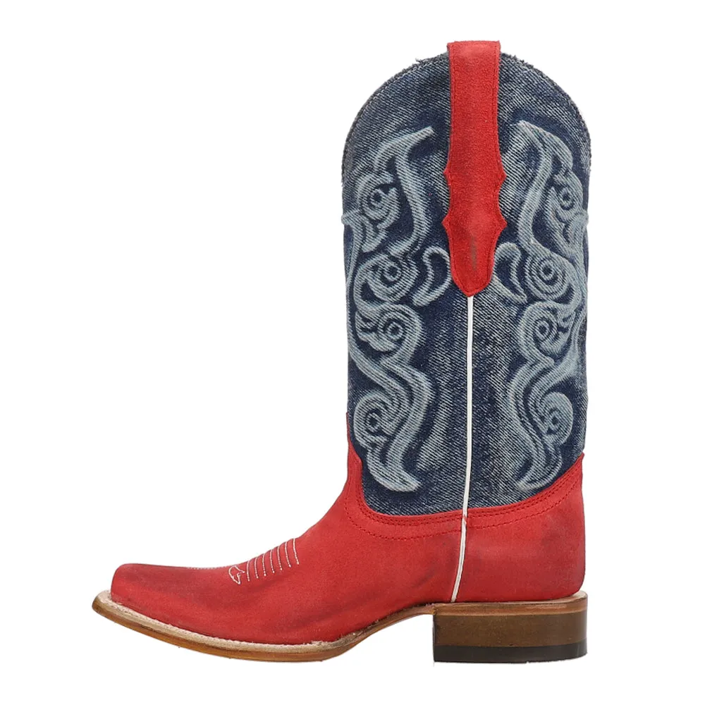 Denim Embroidered Square Toe Cowboy Boots