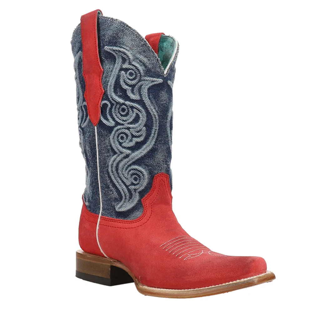 Denim Embroidered Square Toe Cowboy Boots