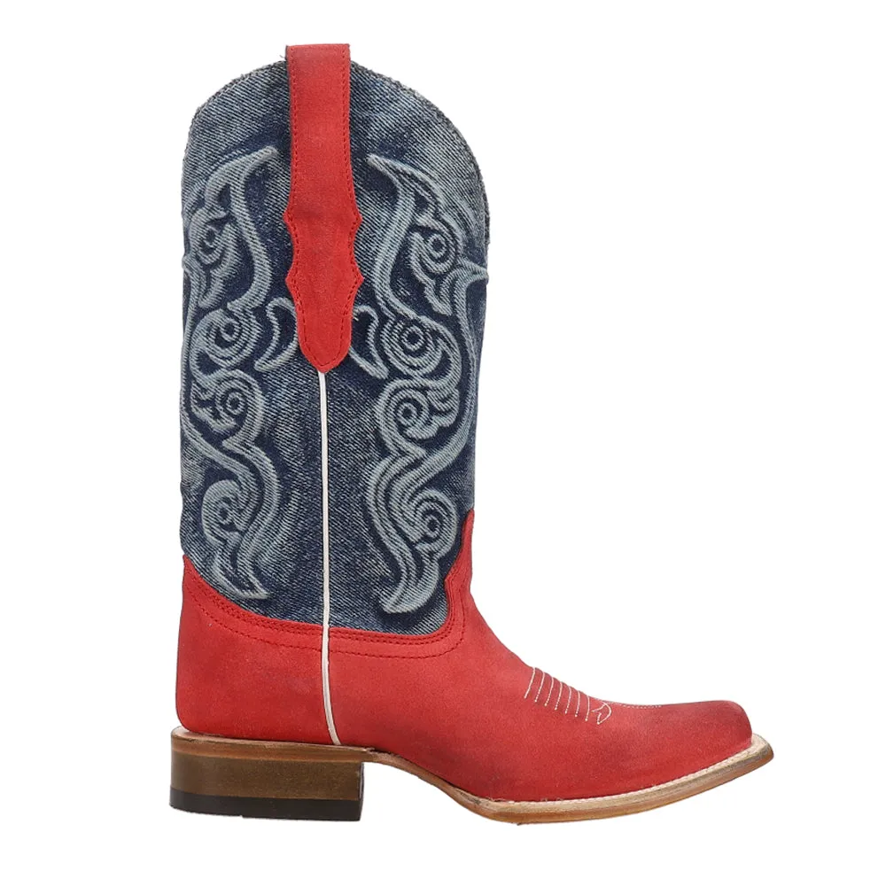 Denim Embroidered Square Toe Cowboy Boots