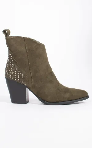 Diamante Heel Cowboy Ankle Boot | Khaki