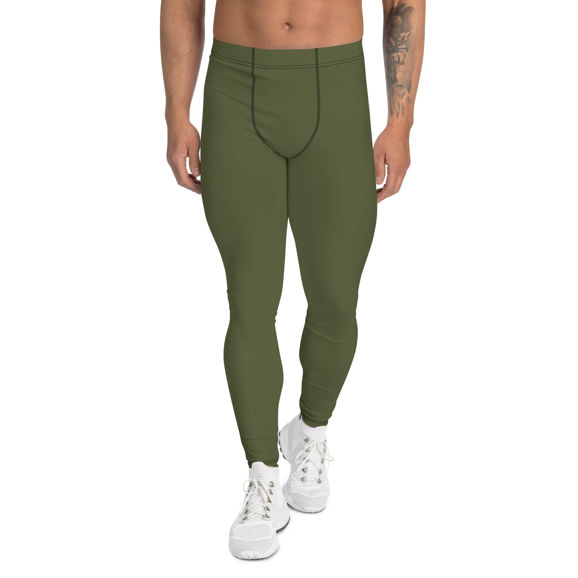 Dirty Green Color Men's Leggings, Solid Color Green Premium Designer Men's Tight Pants - Made in USA/EU/MX