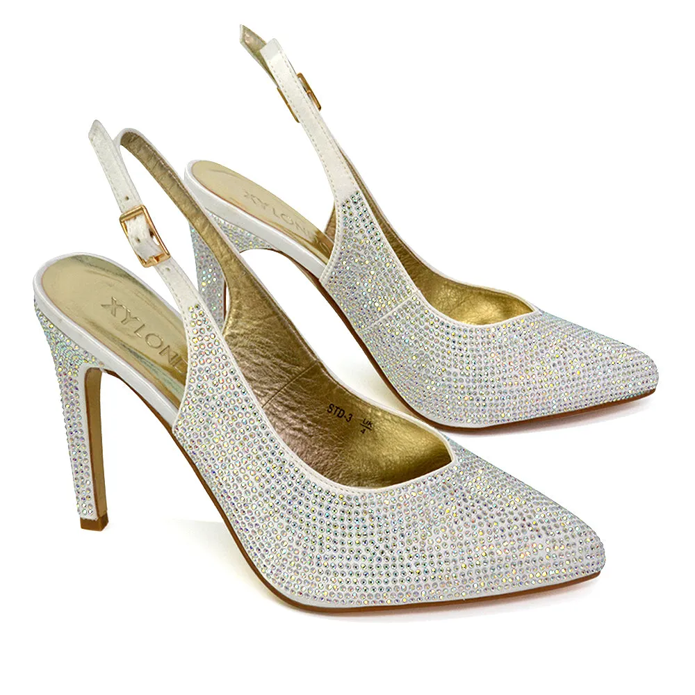 Divine Diamante Pointed Toe Slingback Bridal High Heel Stilettos in Ivory