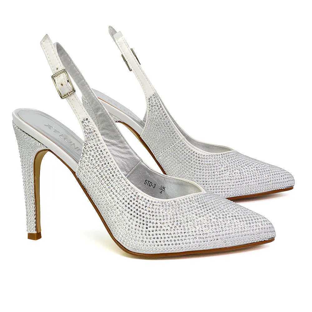 Divine Diamante Pointed Toe Slingback Bridal High Heel Stilettos in Ivory