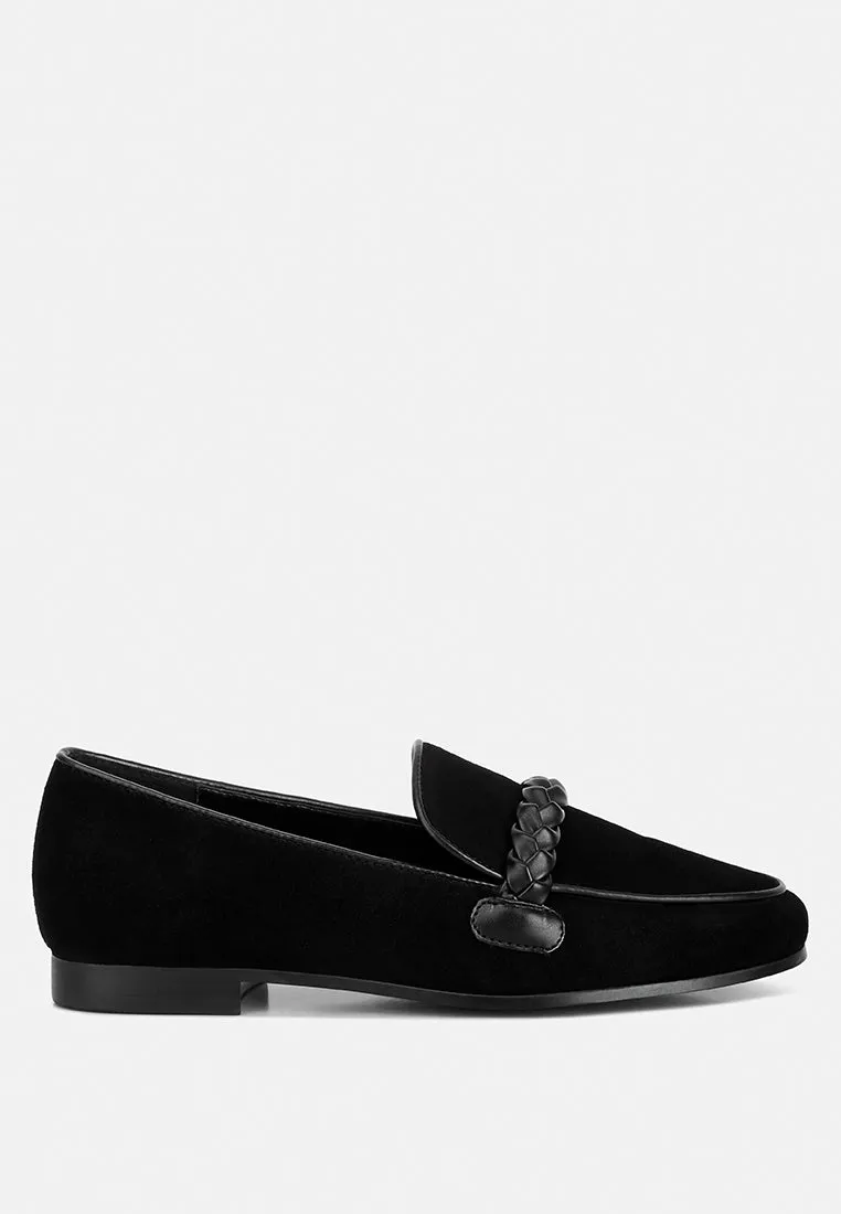 ECHO Suede Leather Braided Detail Loafers In Black