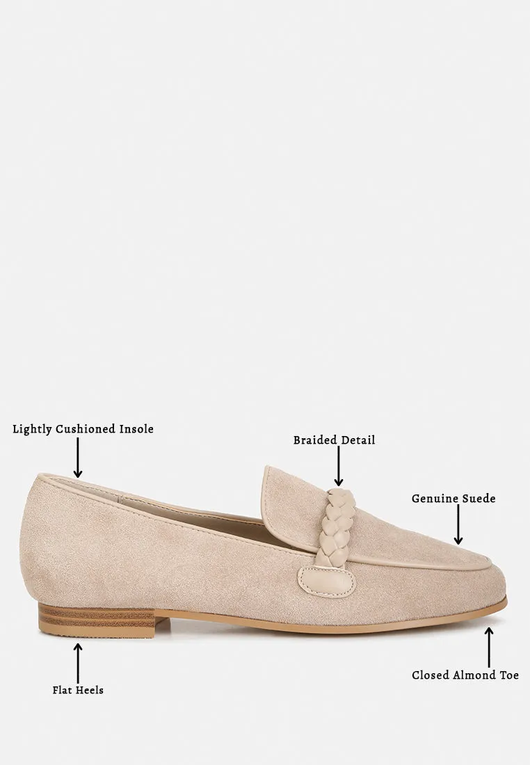 ECHO Suede Leather Braided Detail Loafers In Sand