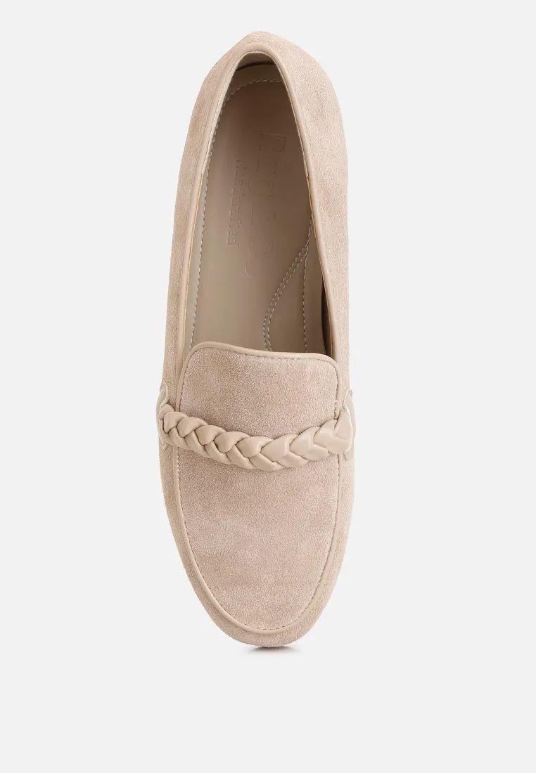 ECHO Suede Leather Braided Detail Loafers In Sand