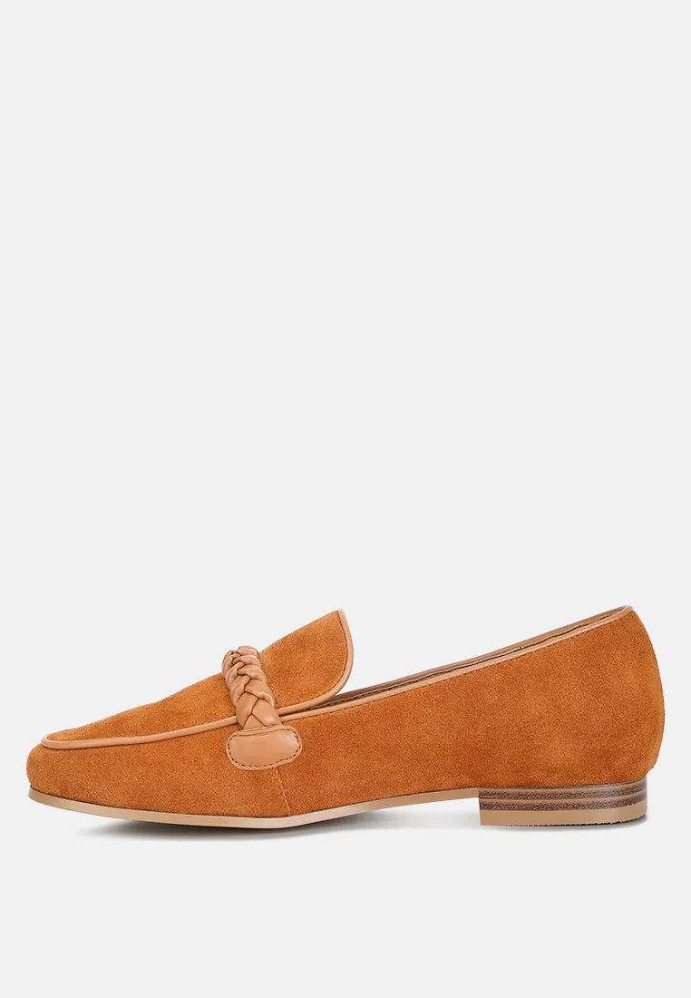 ECHO Suede Leather Braided Detail Loafers In Tan