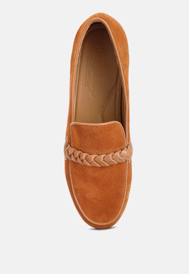 ECHO Suede Leather Braided Detail Loafers In Tan