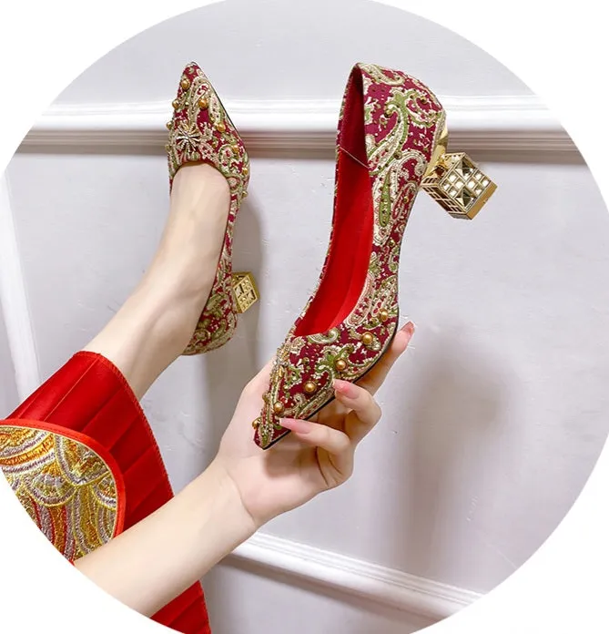 Exotic Merlot Paisley Print Beaded Court Heels