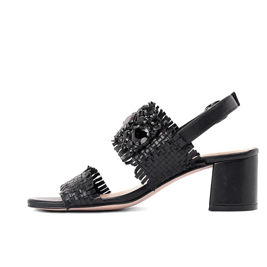 Fabrizia Crystal Embellished Woven Leather Block Heel